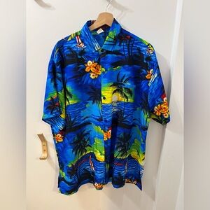 Rima Beachwear Lightweight Floral Palm Tree Island Sailboat Hawaiian Shirt